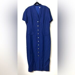 Annie Alexander Linen Blend Maxi Dress Size 12 Royal Blue Button Up 90s Academia